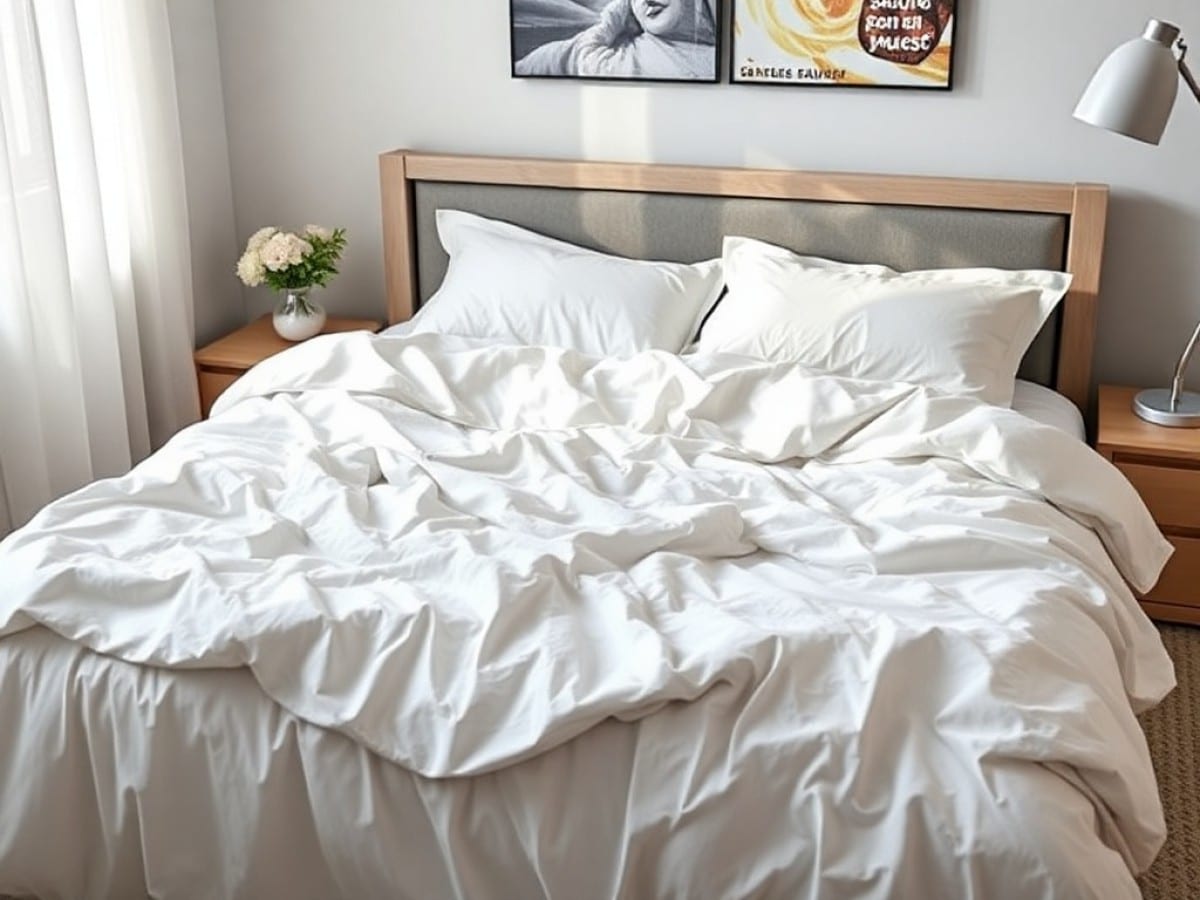 Une femme change les draps de son lit.