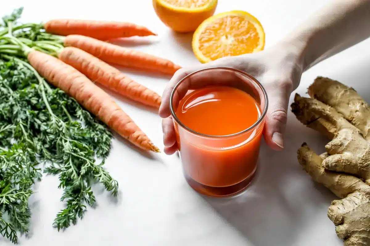 Préparation d'un shot de gingembre avec racine fraîche râpée et extraction du jus