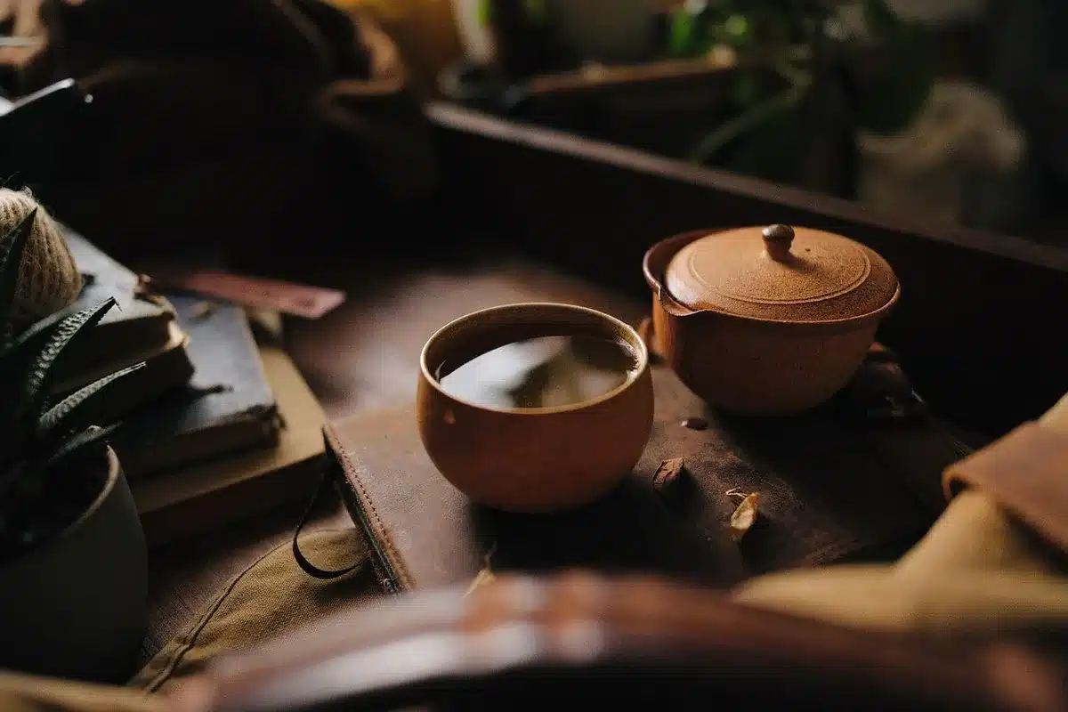 Préparation du kukicha : versement de l'infusion tempérée dans une tasse